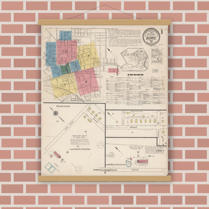 Old map wall art mockup — magnetic wood frame on brick wall — Sanborn Fire Insurance Map from Bowie, Montague County, Texas (1922), Sheet #0001