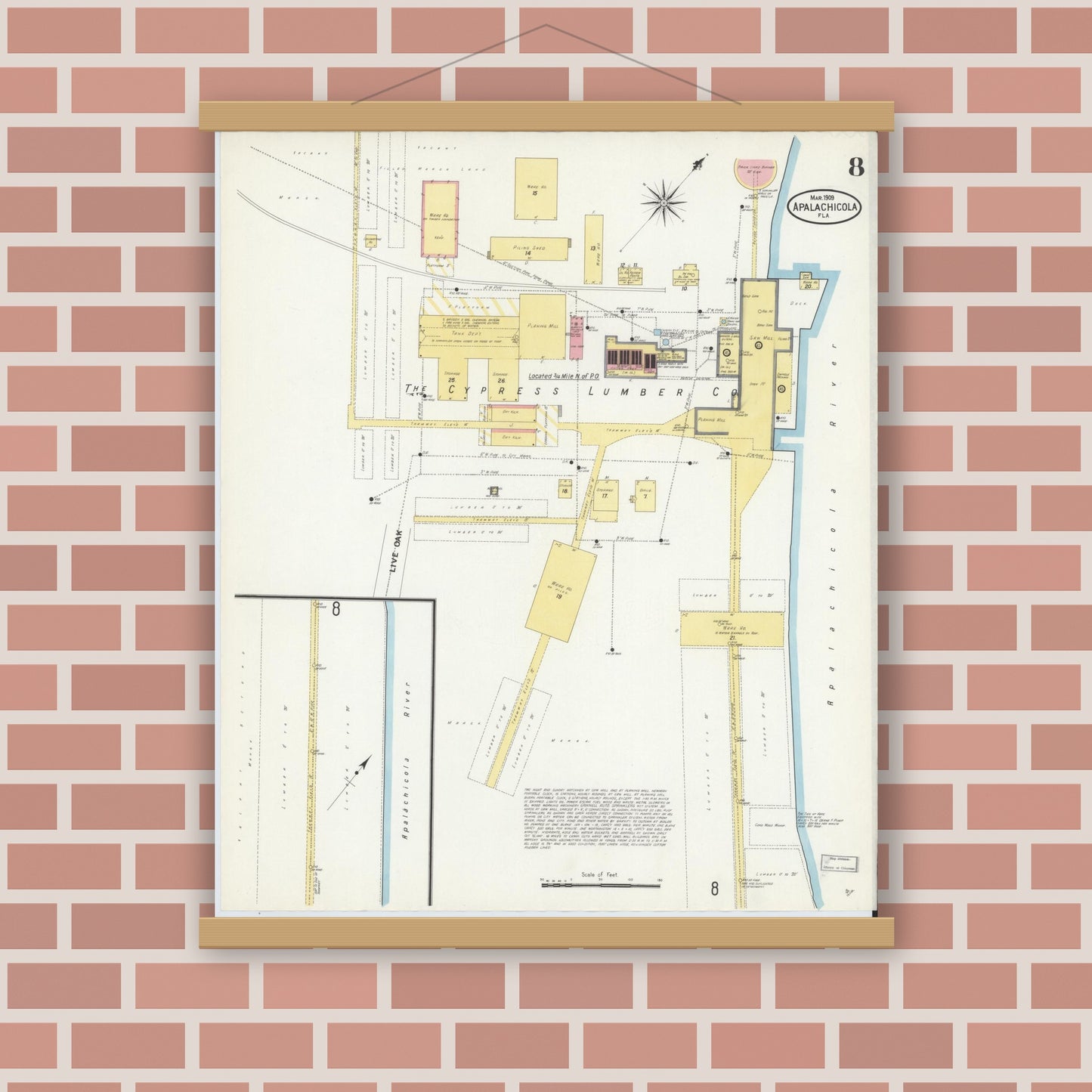 Old map wall art mockup — magnetic wood frame on brick wall — Sanborn Fire Insurance Map from Apalachicola, Franklin County, Florida (1909), Sheet #0008