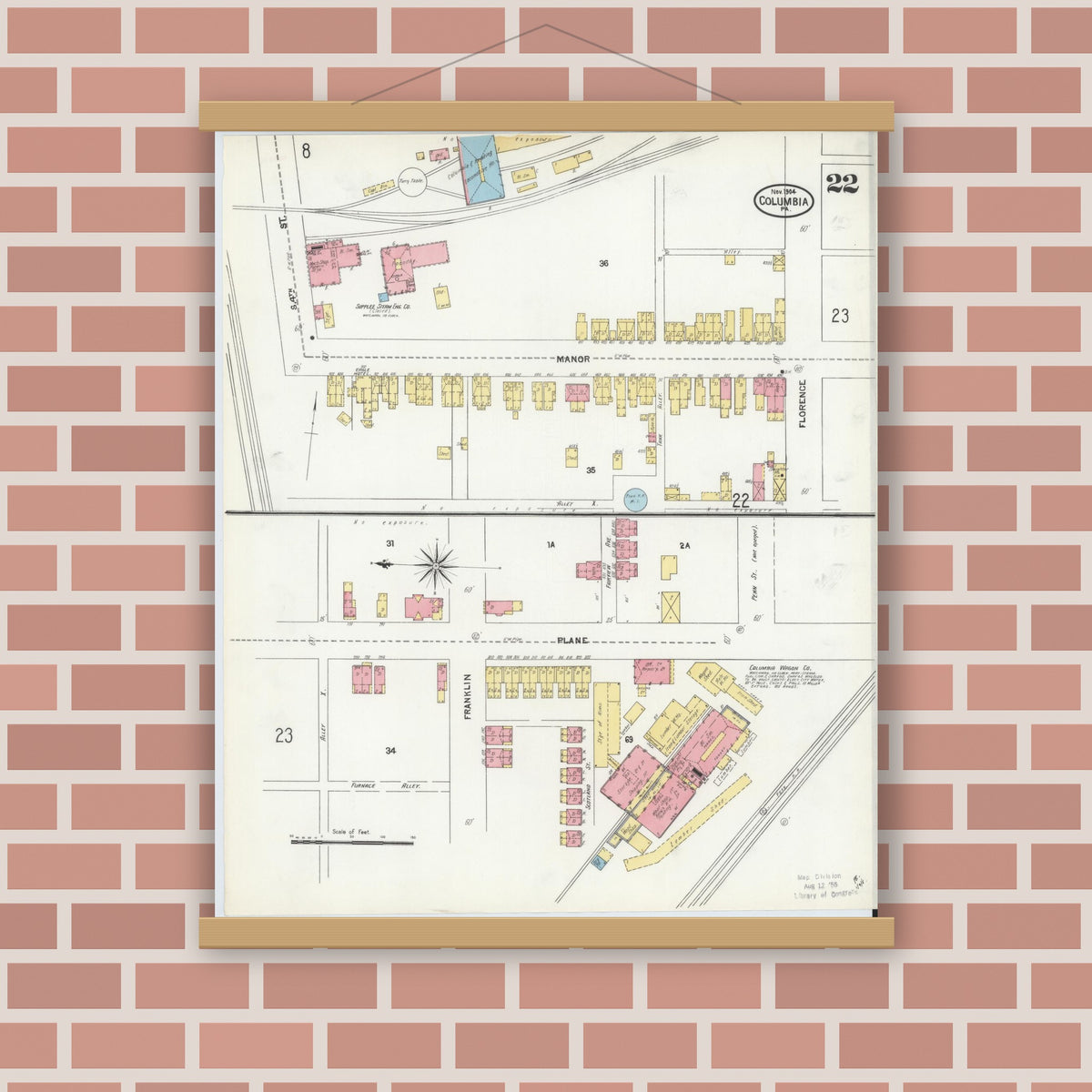 Old map wall art mockup — magnetic wood frame on brick wall — Sanborn Fire Insurance Map from Columbia, Lancaster County, Pennsylvania (1904), Sheet #0022