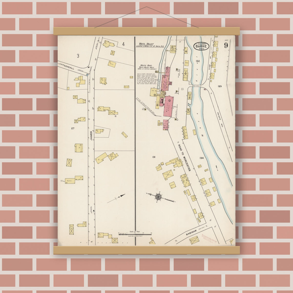 Old map wall art mockup — magnetic wood frame on brick wall — Sanborn Fire Insurance Map from Barre, Worcester County, Massachusetts (1922), Sheet #0009