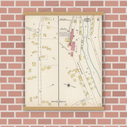 Old map wall art mockup — magnetic wood frame on brick wall — Sanborn Fire Insurance Map from Barre, Worcester County, Massachusetts (1922), Sheet #0009