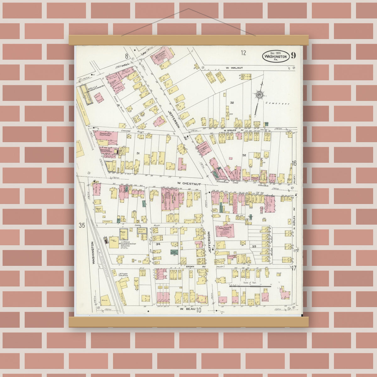 Old map wall art mockup — magnetic wood frame on brick wall — Sanborn Fire Insurance Map from Washington, Washington County, Pennsylvania (1909), Sheet #0009