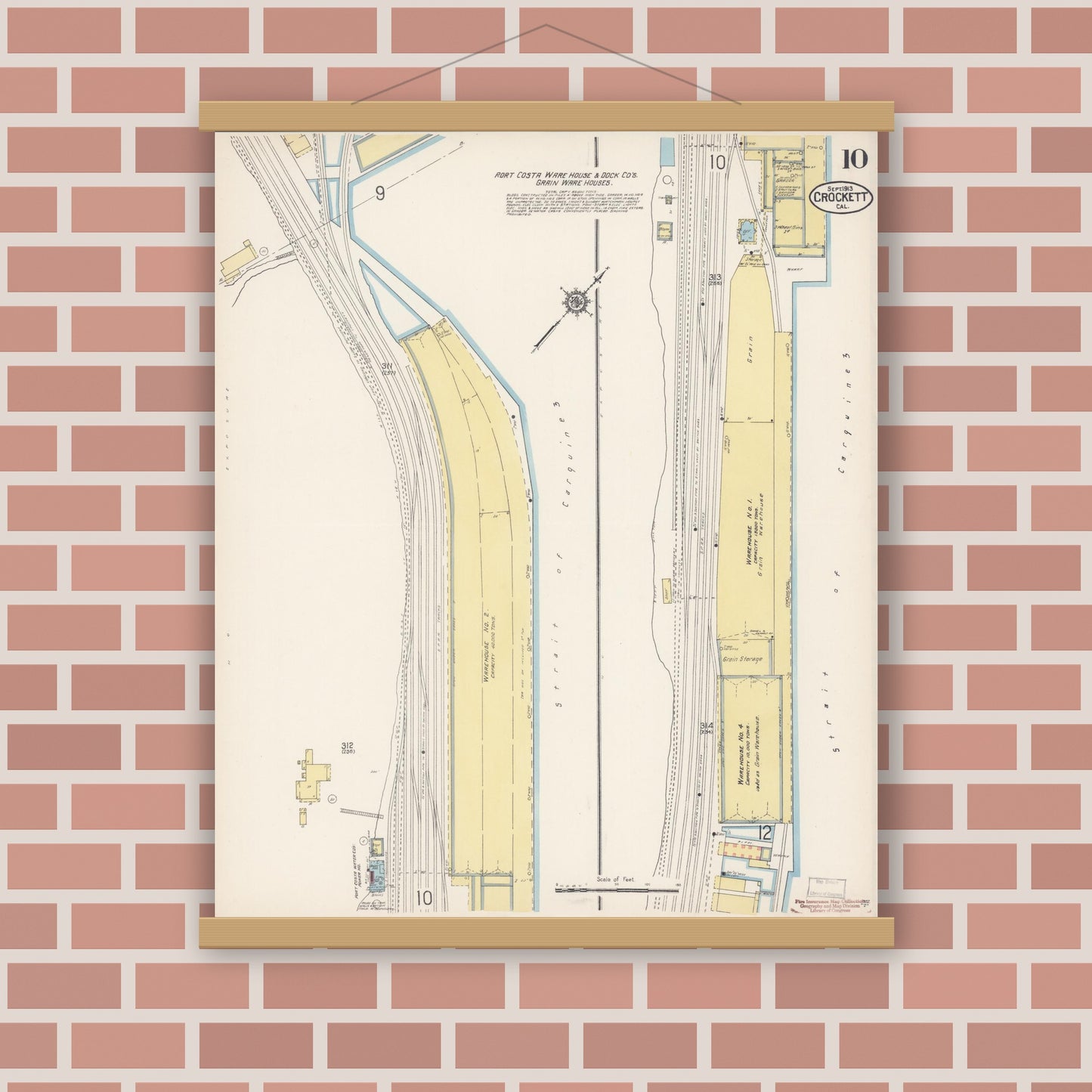 Old map wall art mockup — magnetic wood frame on brick wall — Sanborn Fire Insurance Map from Crockett, Contra Costa County, California (1913), Sheet #0010