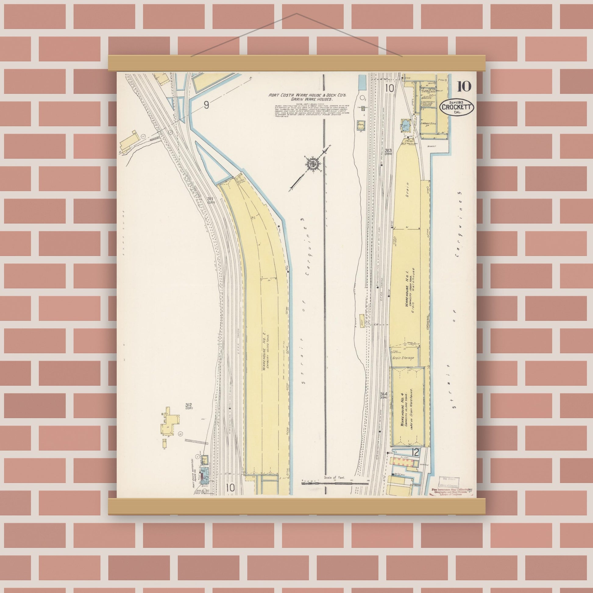 Old map wall art mockup — magnetic wood frame on brick wall — Sanborn Fire Insurance Map from Crockett, Contra Costa County, California (1913), Sheet #0010