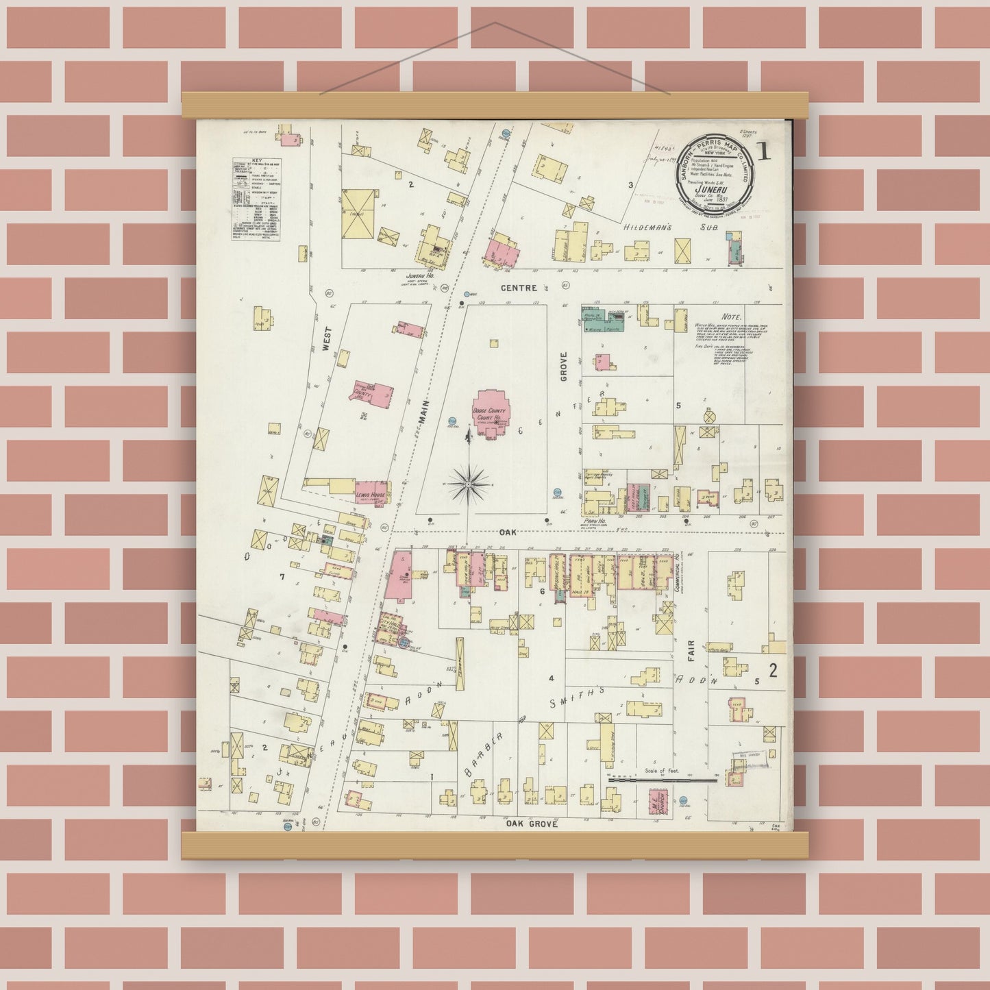 Old map wall art mockup — magnetic wood frame on brick wall — Sanborn Fire Insurance Map from Juneau, Dodge County, Wisconsin (1897) - Complete Map Set