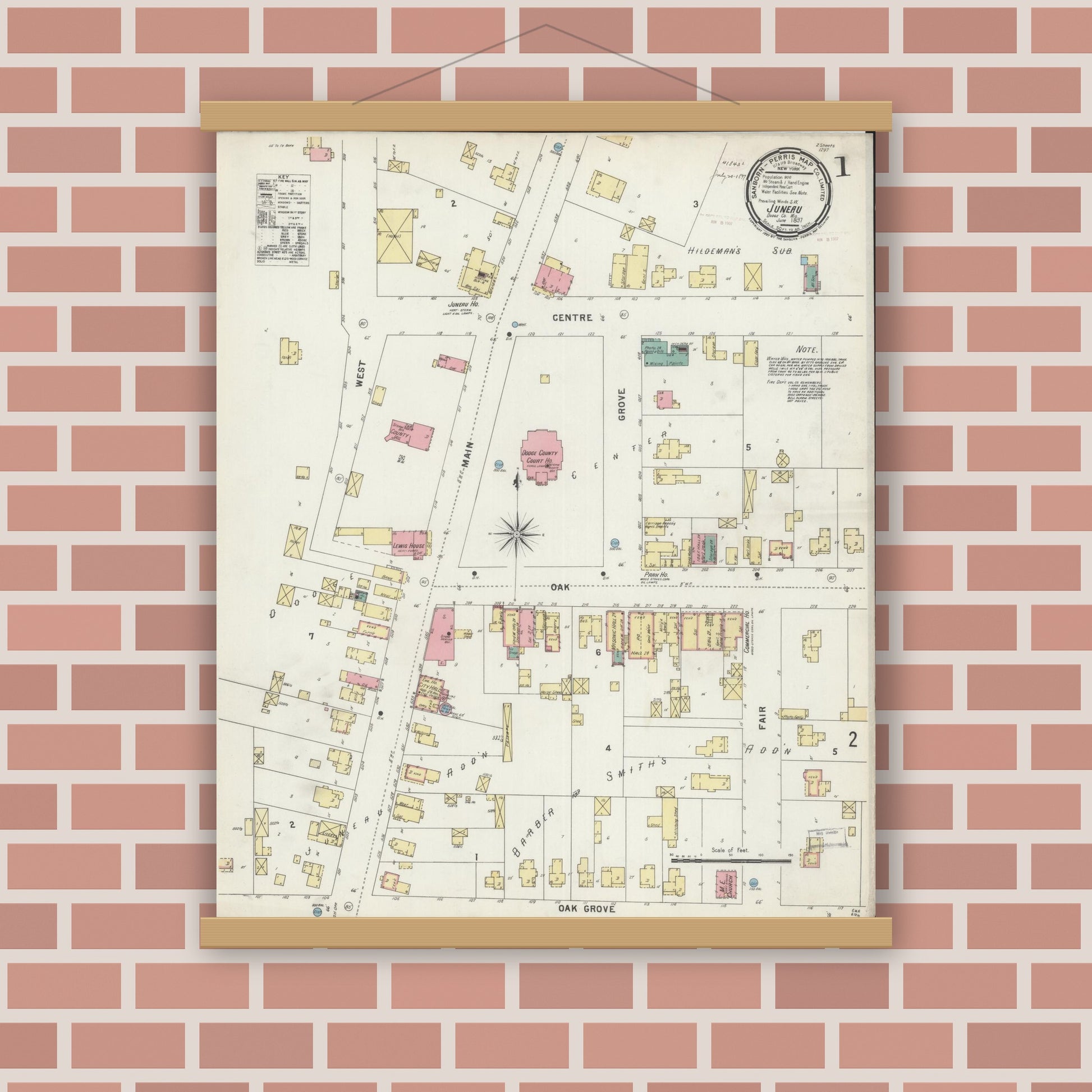 Old map wall art mockup — magnetic wood frame on brick wall — Sanborn Fire Insurance Map from Juneau, Dodge County, Wisconsin (1897) - Complete Map Set