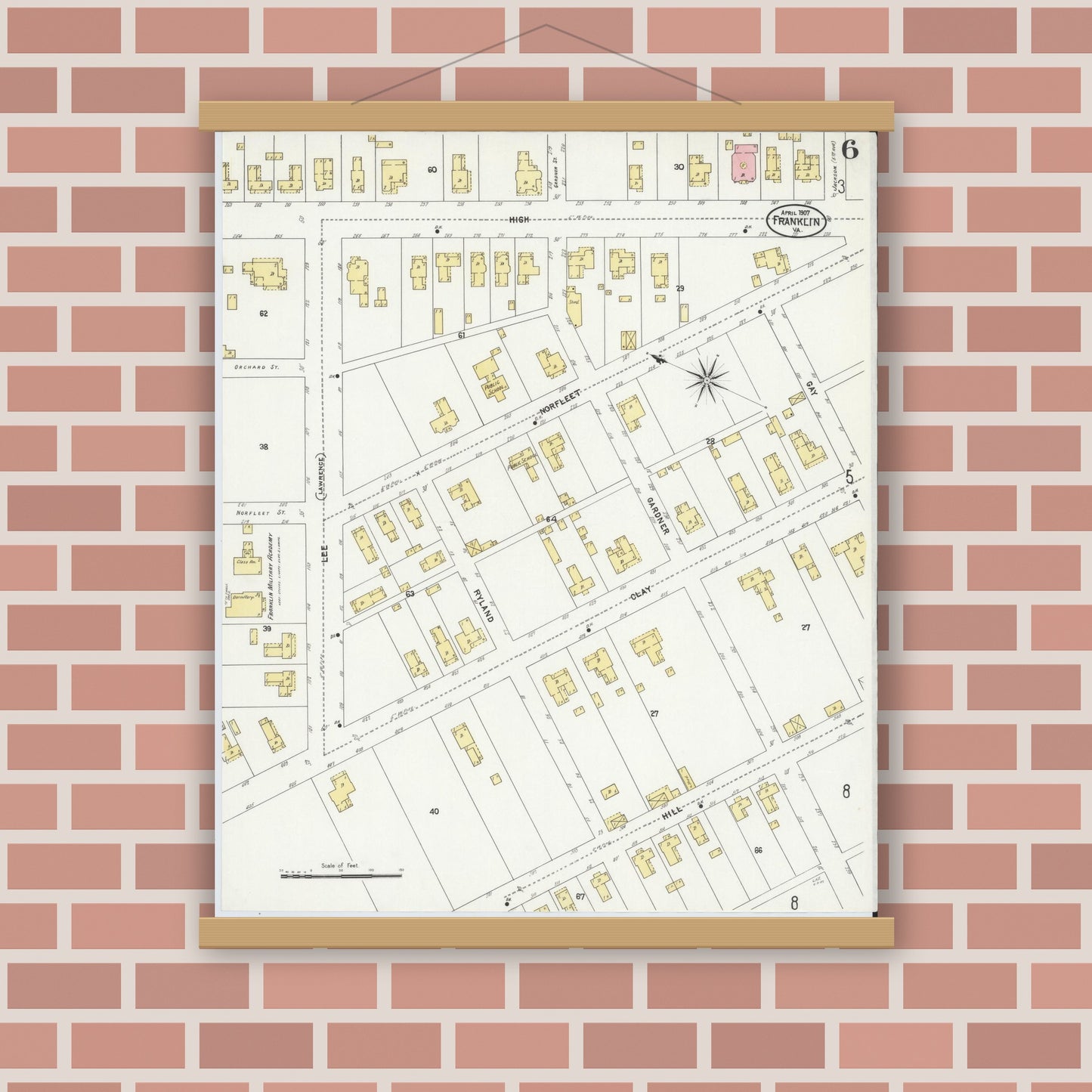 Old map wall art mockup — magnetic wood frame on brick wall — Sanborn Fire Insurance Map from Franklin, Independent Cities, Virginia (1907), Sheet #0006