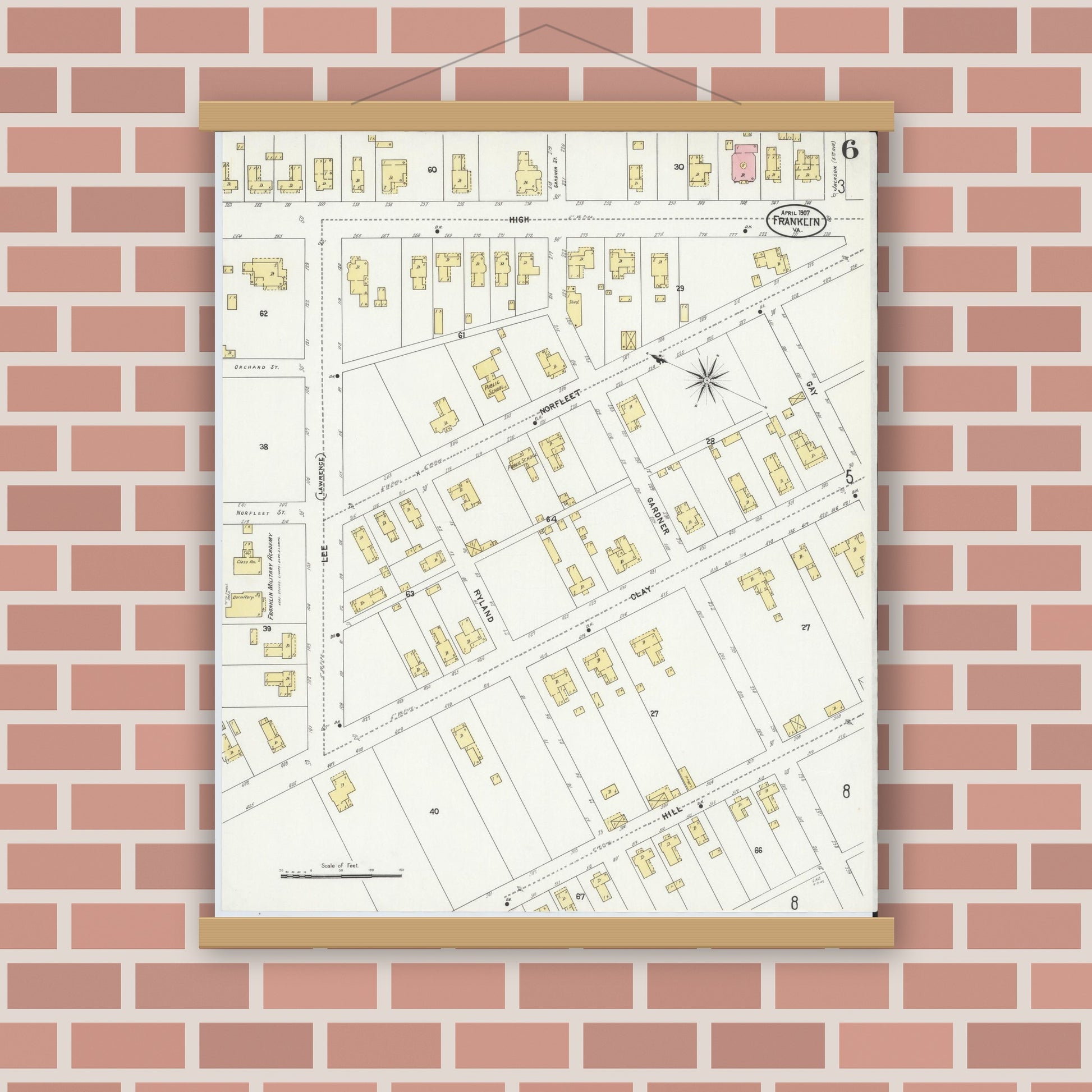 Old map wall art mockup — magnetic wood frame on brick wall — Sanborn Fire Insurance Map from Franklin, Independent Cities, Virginia (1907), Sheet #0006