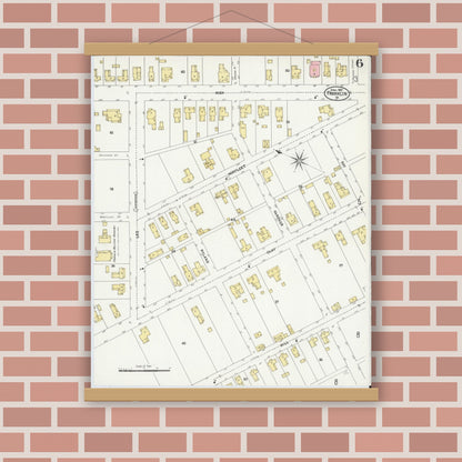 Old map wall art mockup — magnetic wood frame on brick wall — Sanborn Fire Insurance Map from Franklin, Independent Cities, Virginia (1907), Sheet #0006