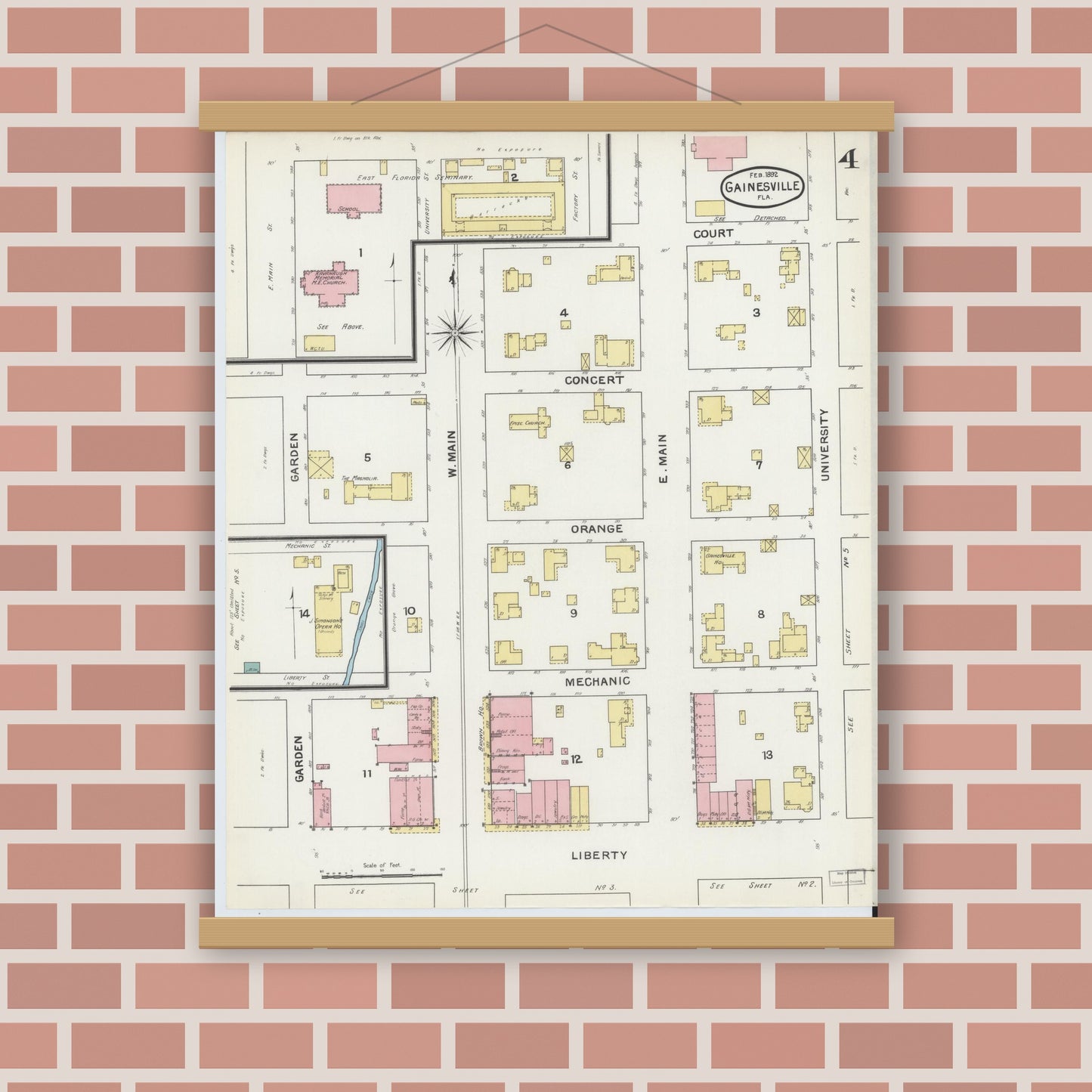 Old map wall art mockup — magnetic wood frame on brick wall — Sanborn Fire Insurance Map from Gainesville, Alachua County, Florida (1892), Sheet #0004