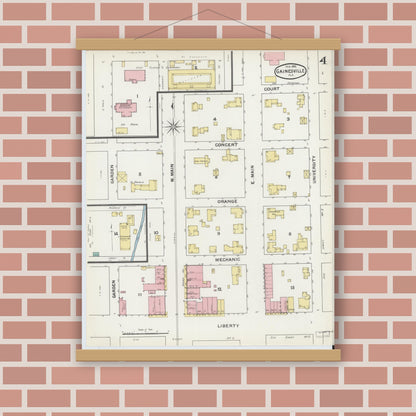 Old map wall art mockup — magnetic wood frame on brick wall — Sanborn Fire Insurance Map from Gainesville, Alachua County, Florida (1892), Sheet #0004