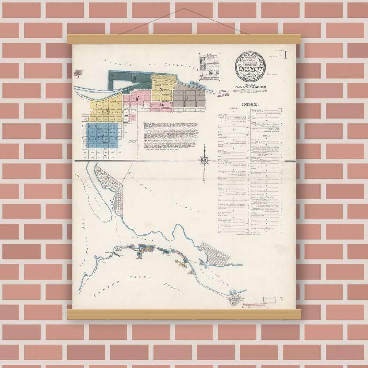 Old map wall art mockup — magnetic wood frame on brick wall — Sanborn Fire Insurance Map from Crockett, Contra Costa County, California (1913), Sheet #0001