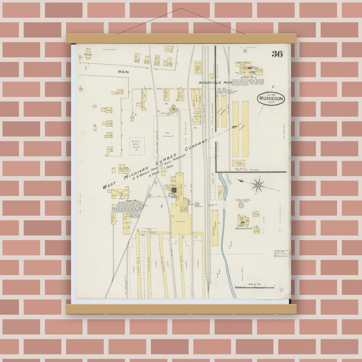 Old map wall art mockup — magnetic wood frame on brick wall — Sanborn Fire Insurance Map from Muskegon, Muskegon County, Michigan (1887), Sheet #0036