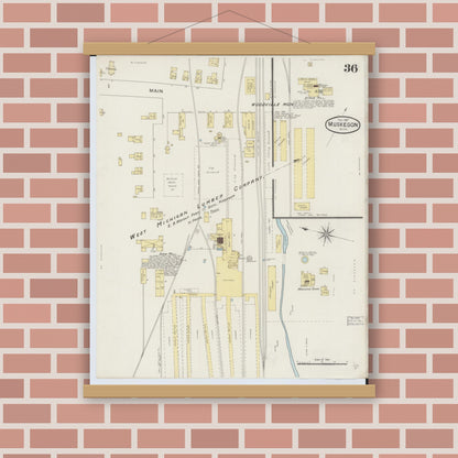 Old map wall art mockup — magnetic wood frame on brick wall — Sanborn Fire Insurance Map from Muskegon, Muskegon County, Michigan (1887), Sheet #0036