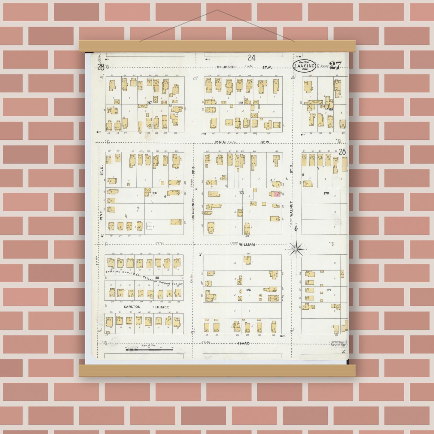 Old map wall art mockup — magnetic wood frame on brick wall — Sanborn Fire Insurance Map from Lansing, Ingham County, Michigan (1906), Sheet #0027