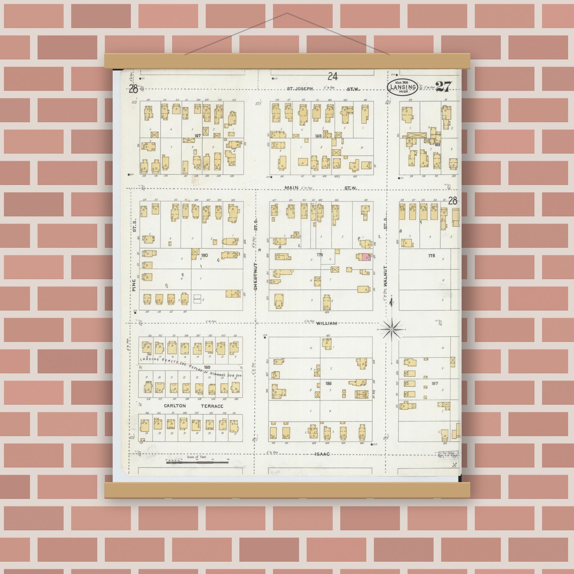 Old map wall art mockup — magnetic wood frame on brick wall — Sanborn Fire Insurance Map from Lansing, Ingham County, Michigan (1906), Sheet #0027