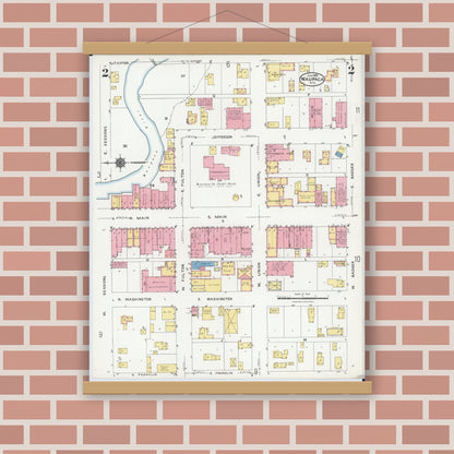 Old map wall art mockup — magnetic wood frame on brick wall — Sanborn Fire Insurance Map from Waupaca, Waupaca County, Wisconsin (1924), Sheet #0002