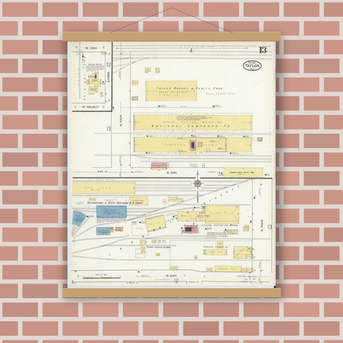 Old map wall art mockup — magnetic wood frame on brick wall — Sanborn Fire Insurance Map from Taylor, Williamson County, Texas (1916), Sheet #0013