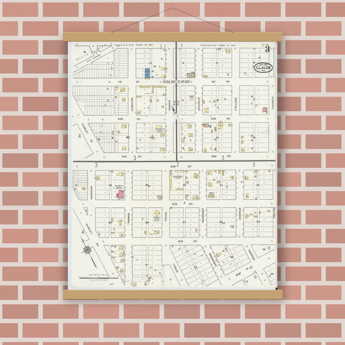 Old map wall art mockup — magnetic wood frame on brick wall — Sanborn Fire Insurance Map from Claude, Armstrong County, Texas (1921), Sheet #0003