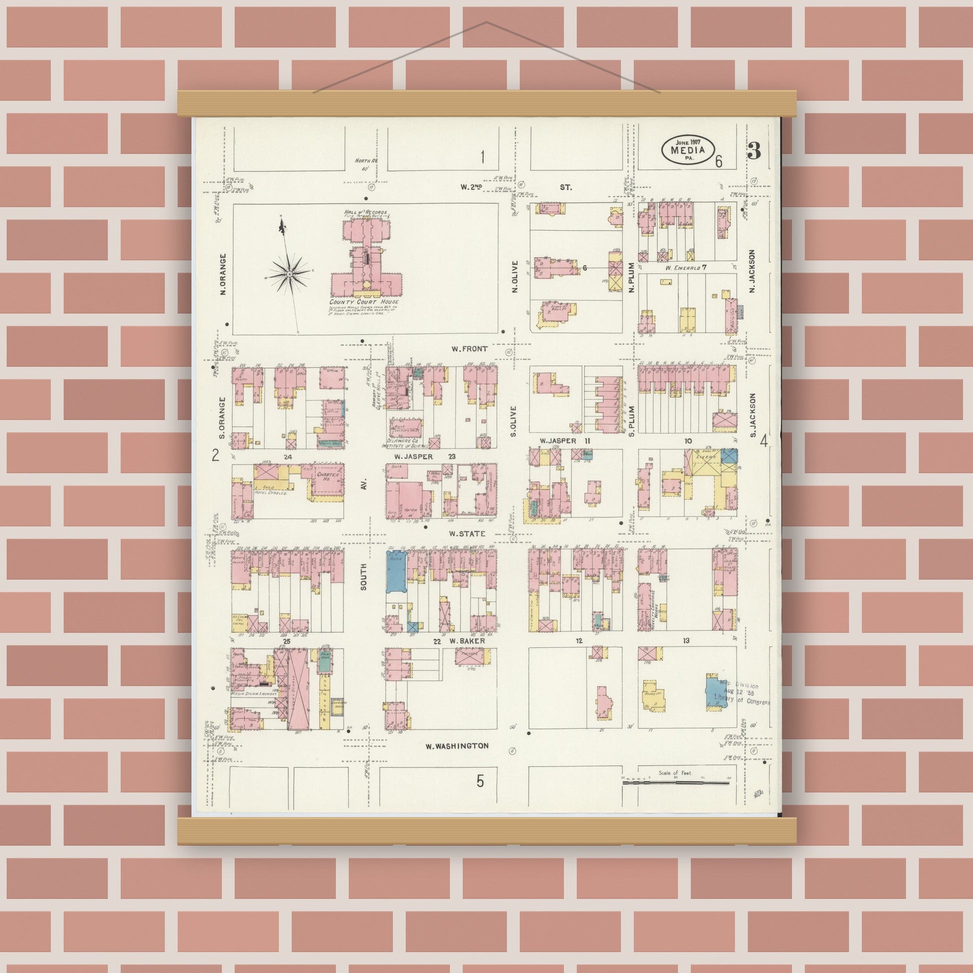 Old map wall art mockup — magnetic wood frame on brick wall — Sanborn Fire Insurance Map from Media, Delaware County, Pennsylvania (1907), Sheet #0003