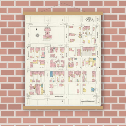 Old map wall art mockup — magnetic wood frame on brick wall — Sanborn Fire Insurance Map from Media, Delaware County, Pennsylvania (1907), Sheet #0003