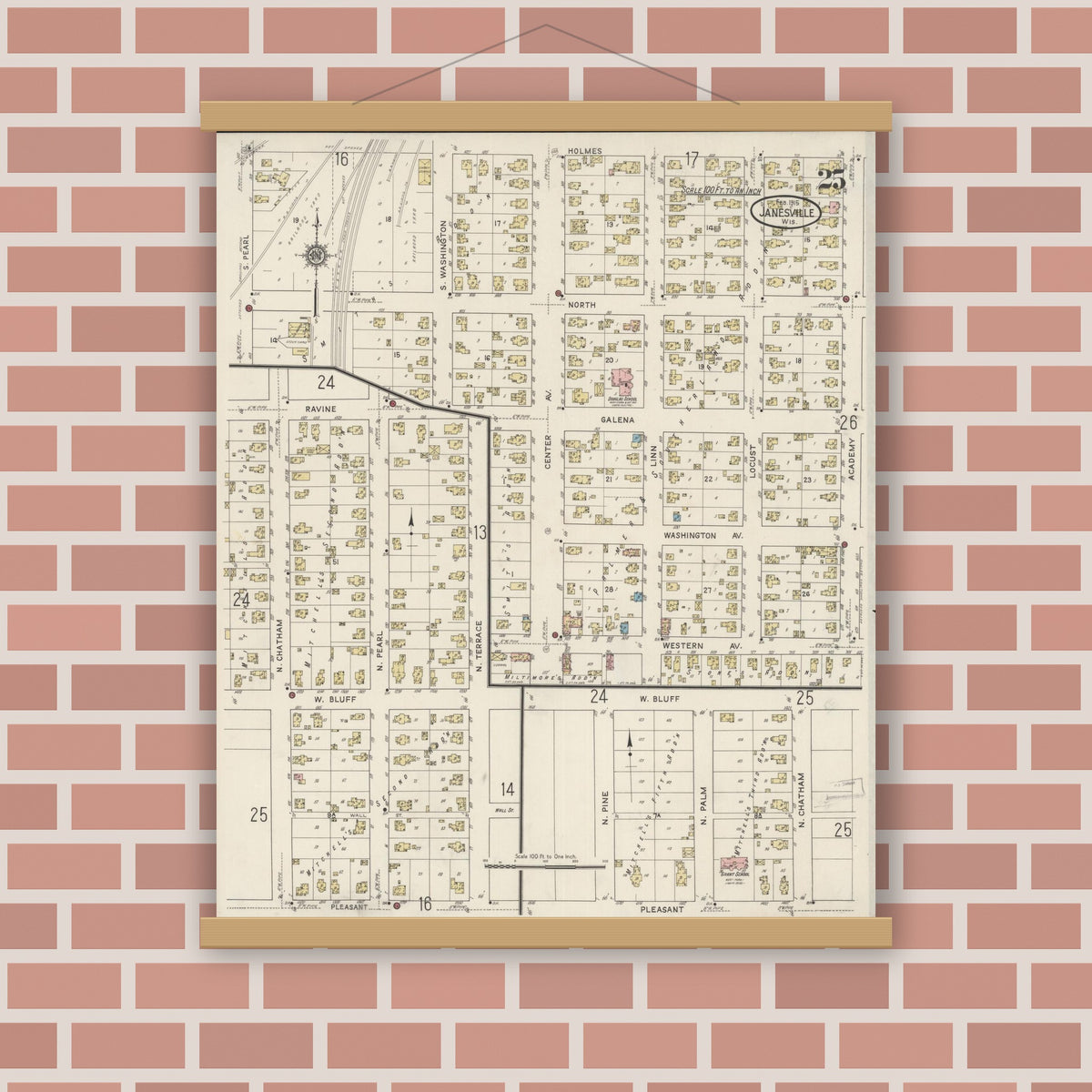 Old map wall art mockup — magnetic wood frame on brick wall — Sanborn Fire Insurance Map from Janesville, Rock County, Wisconsin (1915), Sheet #0025