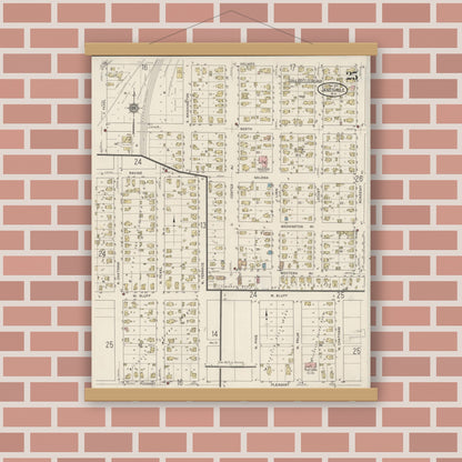 Old map wall art mockup — magnetic wood frame on brick wall — Sanborn Fire Insurance Map from Janesville, Rock County, Wisconsin (1915), Sheet #0025