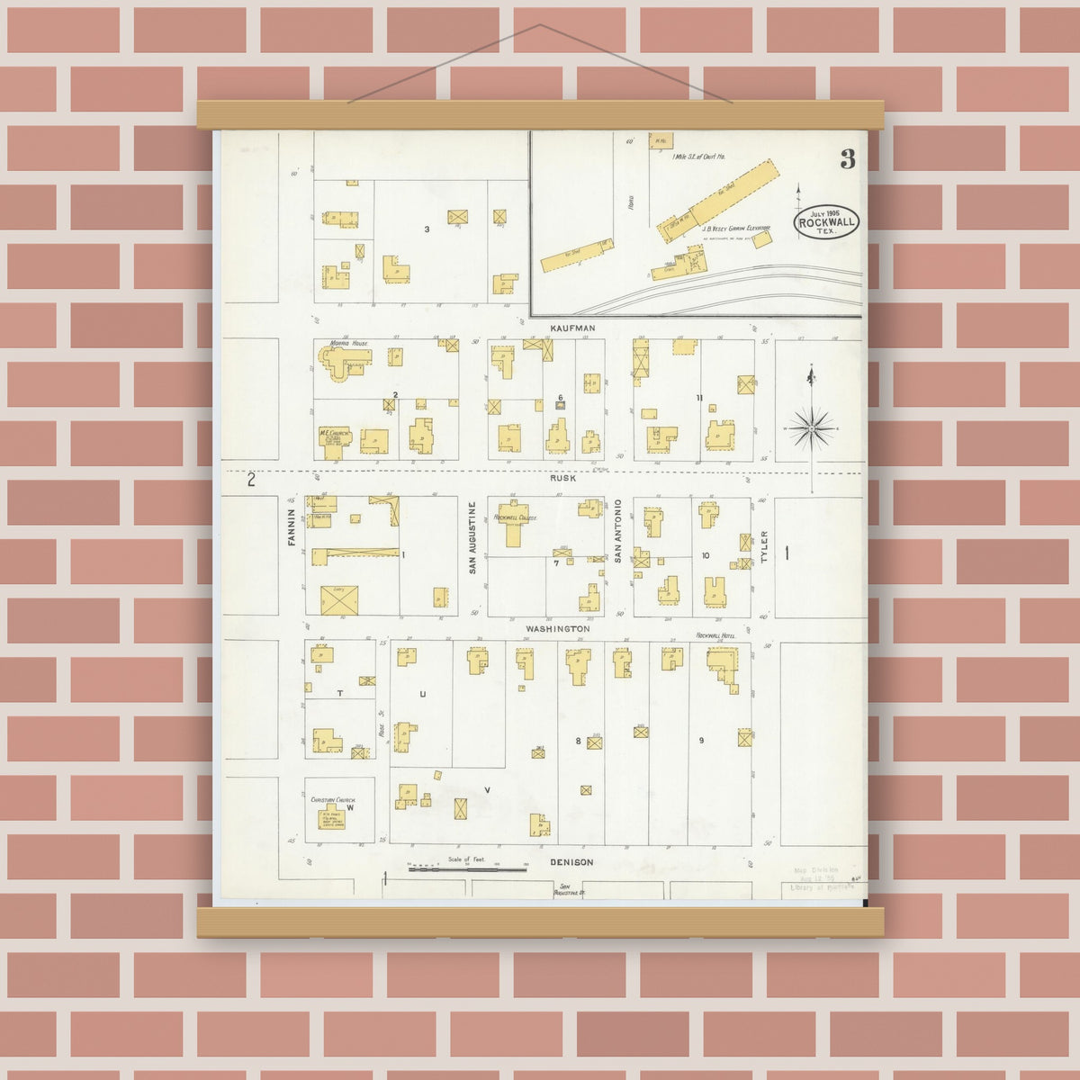 Old map wall art mockup — magnetic wood frame on brick wall — Sanborn Fire Insurance Map from Rockwall, Rockwall County, Texas (1905), Sheet #0003