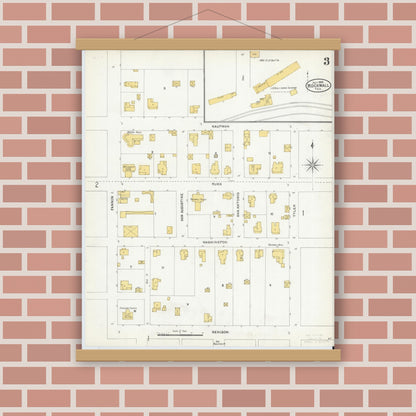 Old map wall art mockup — magnetic wood frame on brick wall — Sanborn Fire Insurance Map from Rockwall, Rockwall County, Texas (1905), Sheet #0003