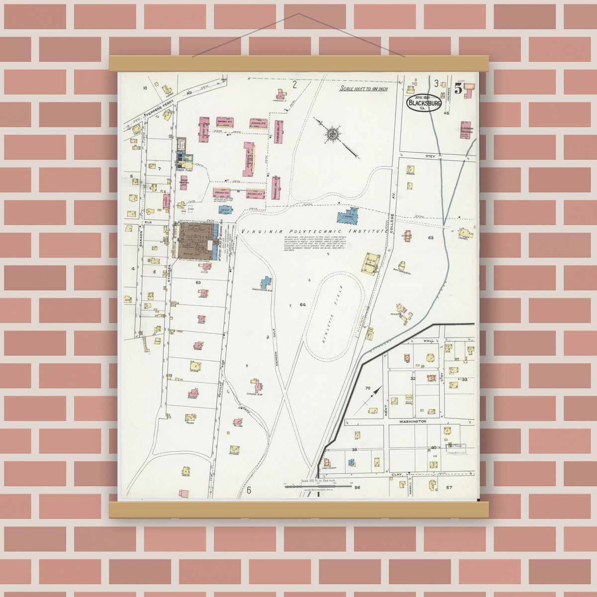 Old map wall art mockup — magnetic wood frame on brick wall — Sanborn Fire Insurance Map from Blacksburg, Montgomery County, Virginia (1921), Sheet #0005