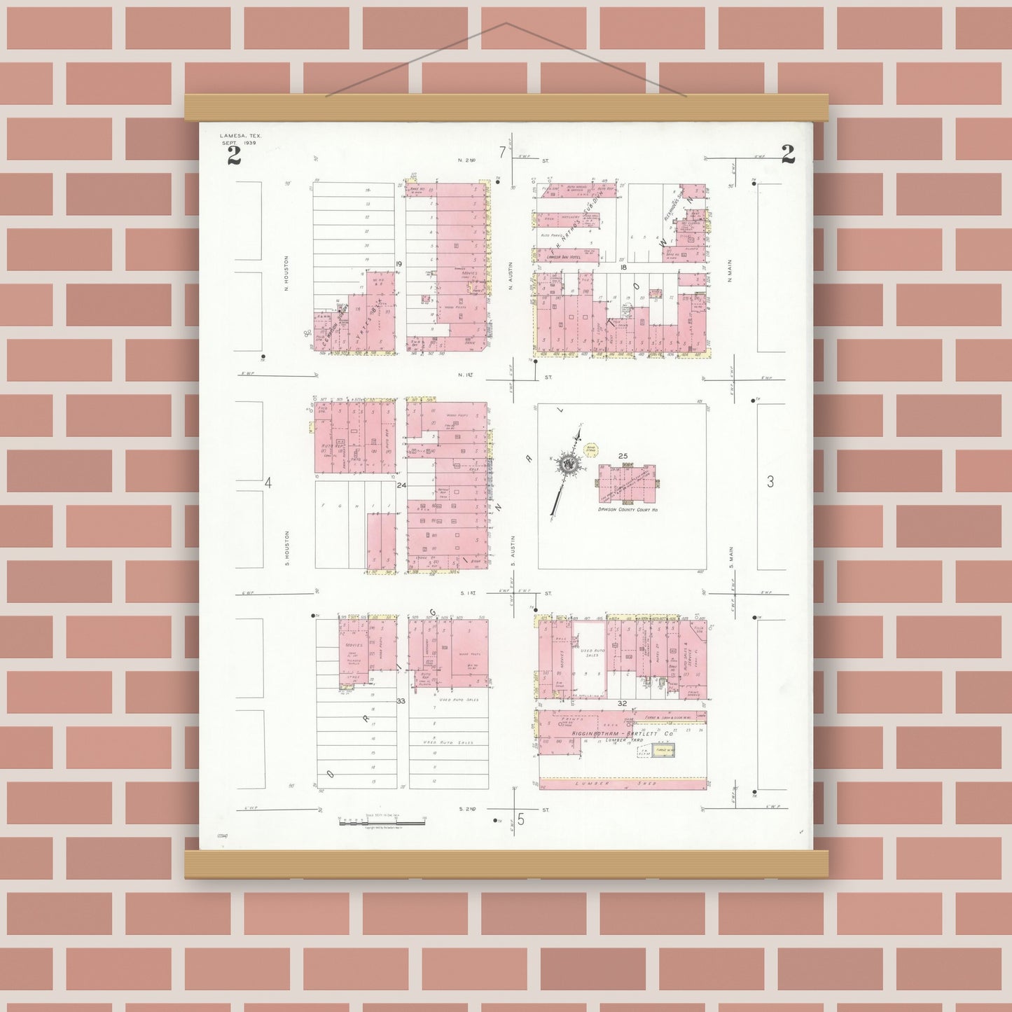 Old map wall art mockup — magnetic wood frame on brick wall — Sanborn Fire Insurance Map from Lamesa, Dawson County, Texas (1939), Sheet #0002