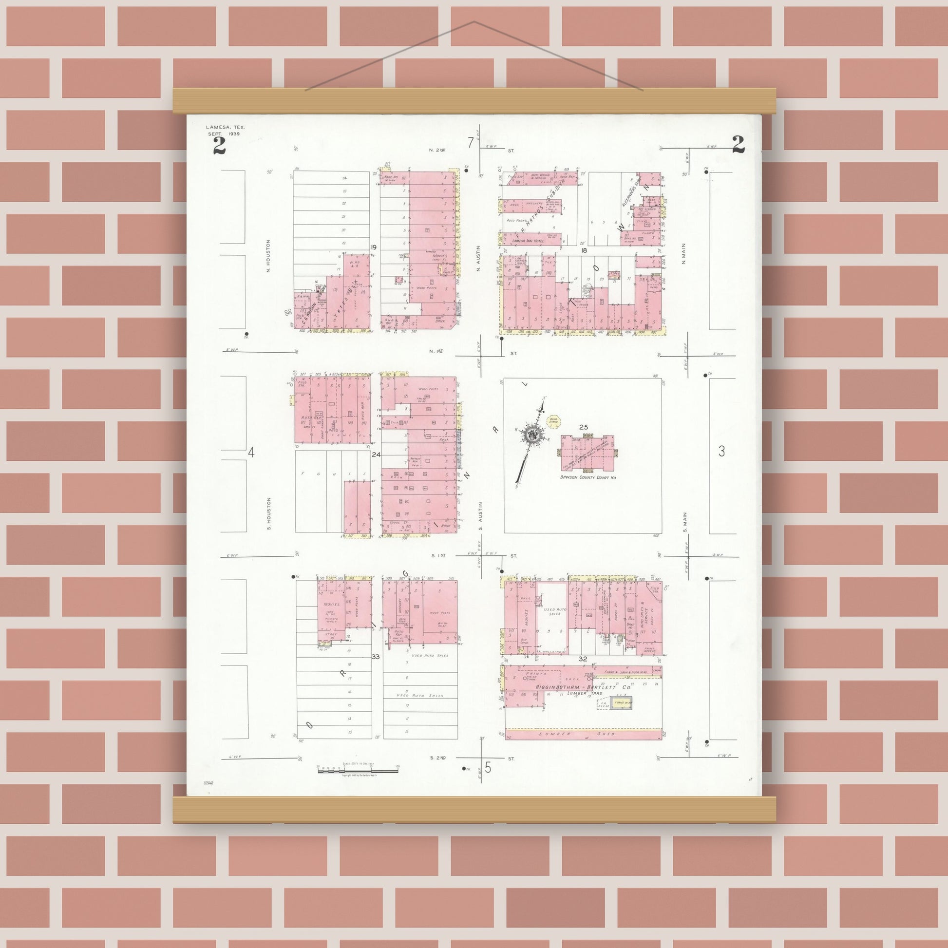 Old map wall art mockup — magnetic wood frame on brick wall — Sanborn Fire Insurance Map from Lamesa, Dawson County, Texas (1939), Sheet #0002