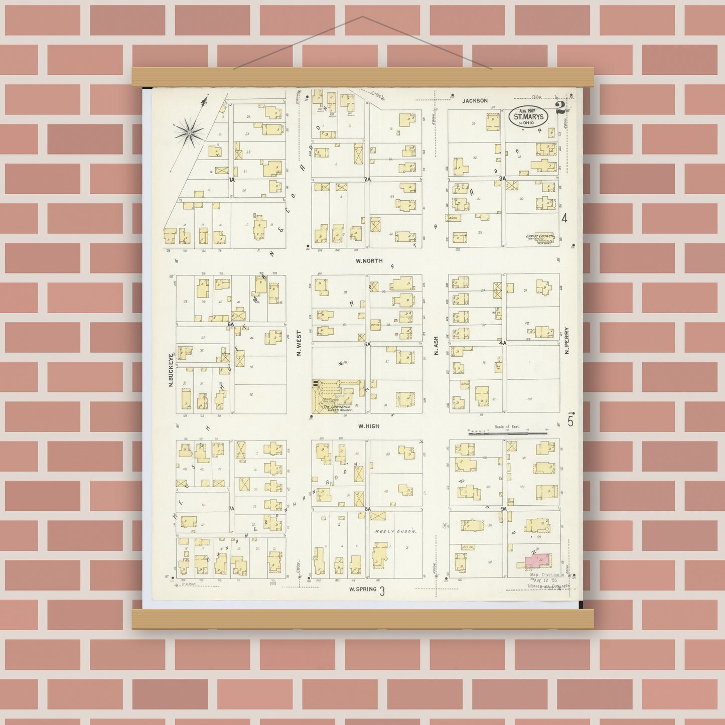 Old map wall art mockup — magnetic wood frame on brick wall — Sanborn Fire Insurance Map from Saint Marys, Auglaize County, Ohio (1907), Sheet #0002