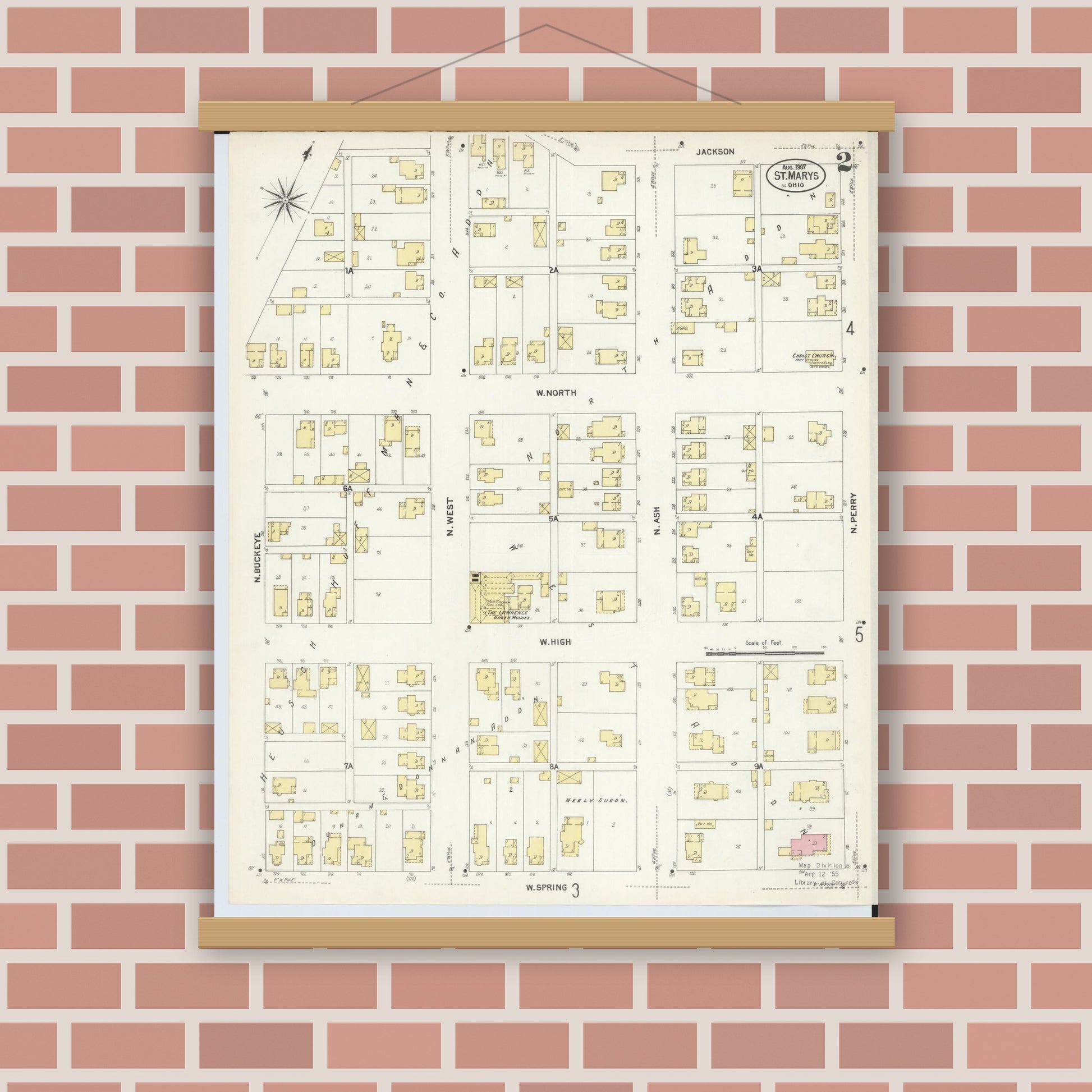 Old map wall art mockup — magnetic wood frame on brick wall — Sanborn Fire Insurance Map from Saint Marys, Auglaize County, Ohio (1907), Sheet #0002