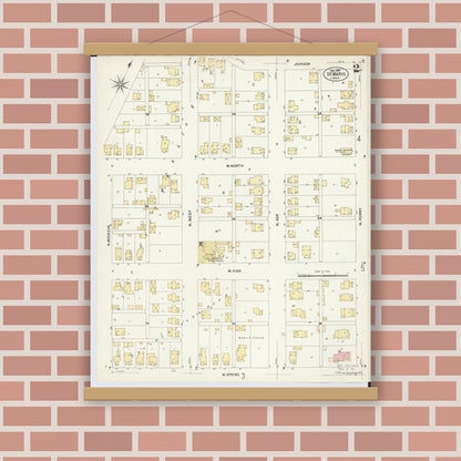 Old map wall art mockup — magnetic wood frame on brick wall — Sanborn Fire Insurance Map from Saint Marys, Auglaize County, Ohio (1907), Sheet #0002