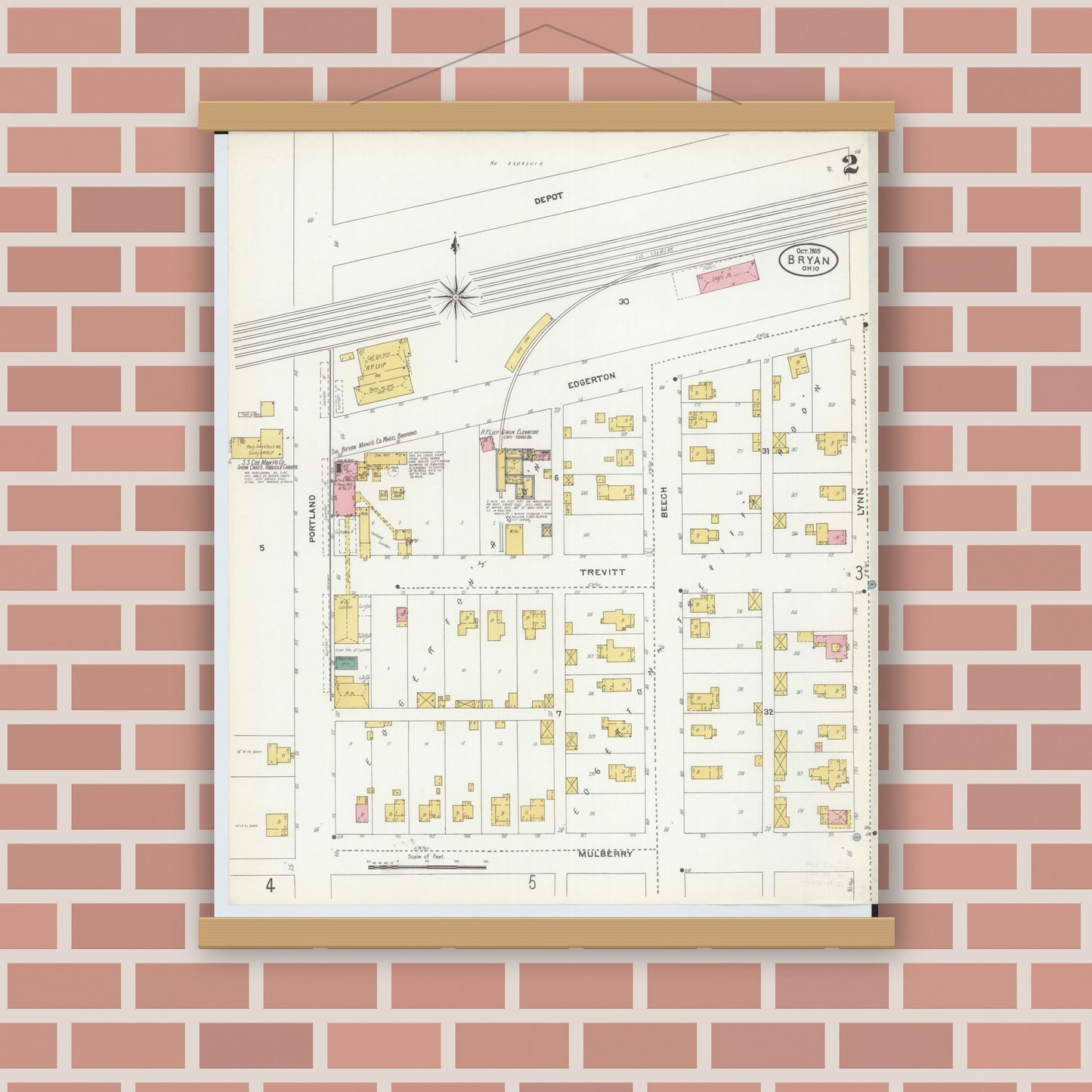 Old map wall art mockup — magnetic wood frame on brick wall — Sanborn Fire Insurance Map from Bryan, Williams County, Ohio (1905), Sheet #0002