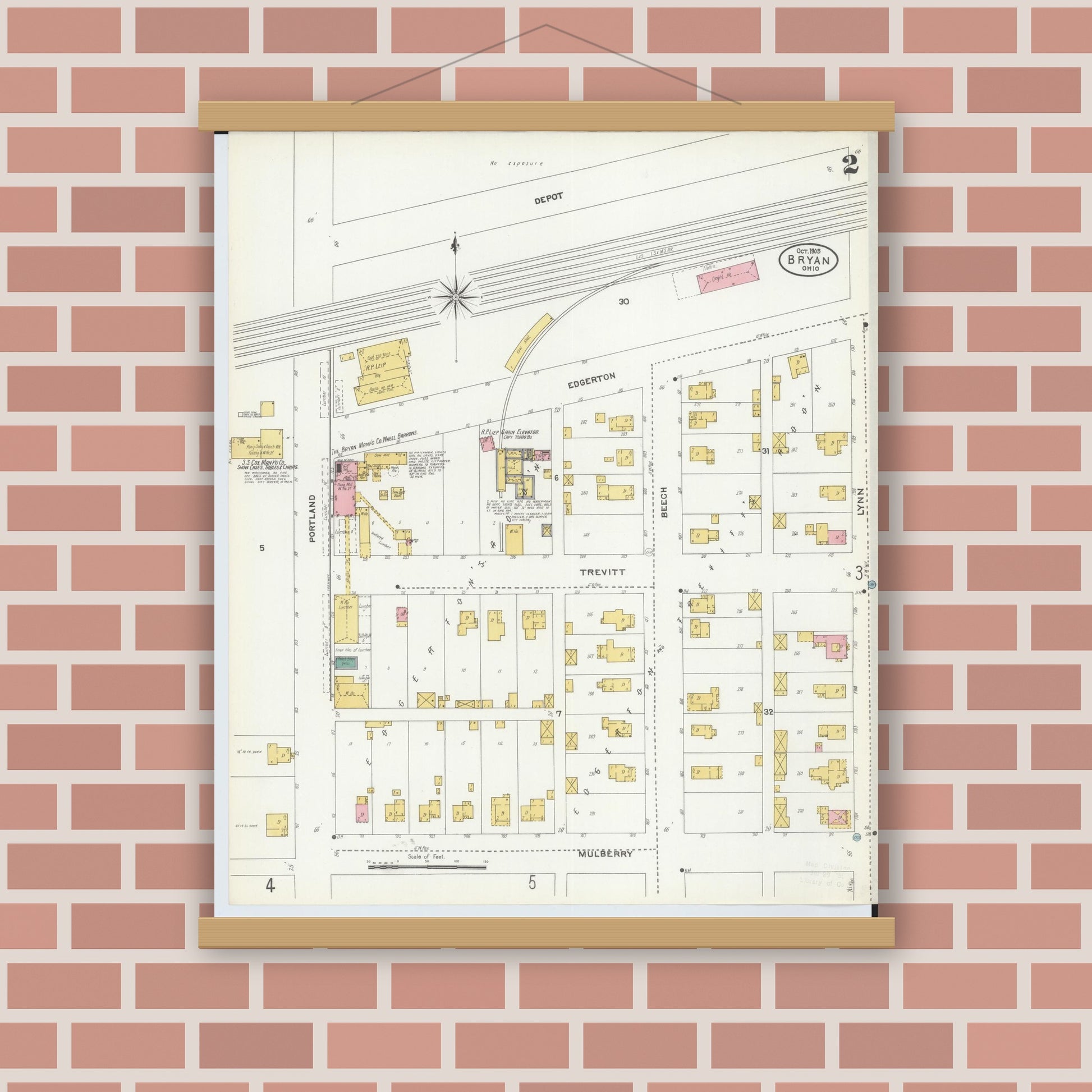 Old map wall art mockup — magnetic wood frame on brick wall — Sanborn Fire Insurance Map from Bryan, Williams County, Ohio (1905), Sheet #0002
