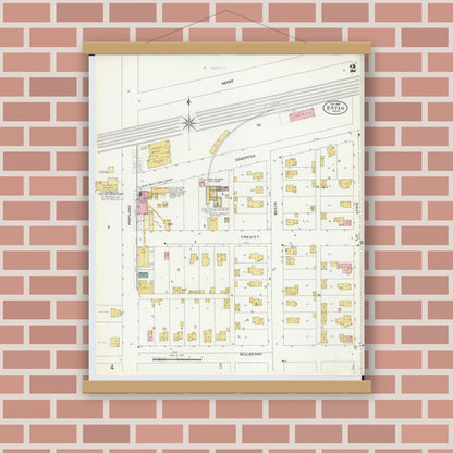 Old map wall art mockup — magnetic wood frame on brick wall — Sanborn Fire Insurance Map from Bryan, Williams County, Ohio (1905), Sheet #0002