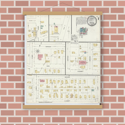 Old map wall art mockup — magnetic wood frame on brick wall — Sanborn Fire Insurance Map from Chelsea, Washtenaw County, Michigan (1899), Sheet #0001