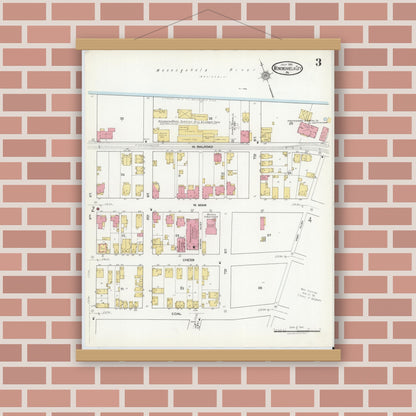 Old map wall art mockup — magnetic wood frame on brick wall — Sanborn Fire Insurance Map from Monongahela City, Washington County, Pennsylvania (1918), Sheet #0003