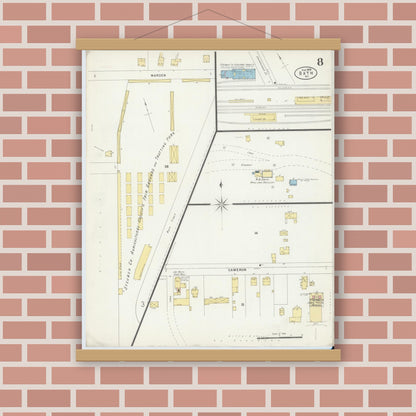 Old map wall art mockup — magnetic wood frame on brick wall — Sanborn Fire Insurance Map from Bath, Steuben County, New York (1898), Sheet #0008