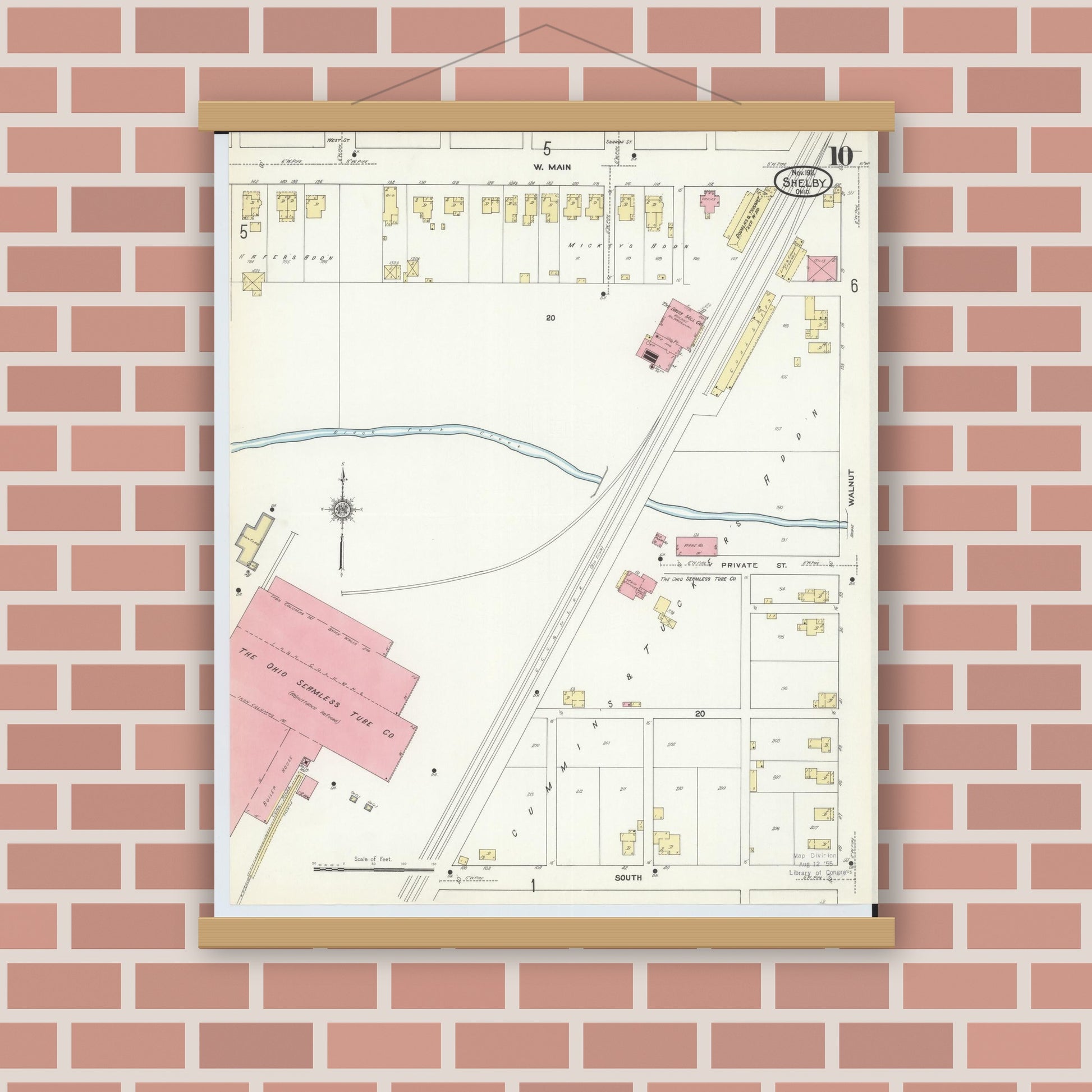 Old map wall art mockup — magnetic wood frame on brick wall — Sanborn Fire Insurance Map from Shelby, Richland County, Ohio (1911), Sheet #0010