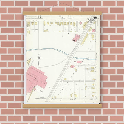 Old map wall art mockup — magnetic wood frame on brick wall — Sanborn Fire Insurance Map from Shelby, Richland County, Ohio (1911), Sheet #0010