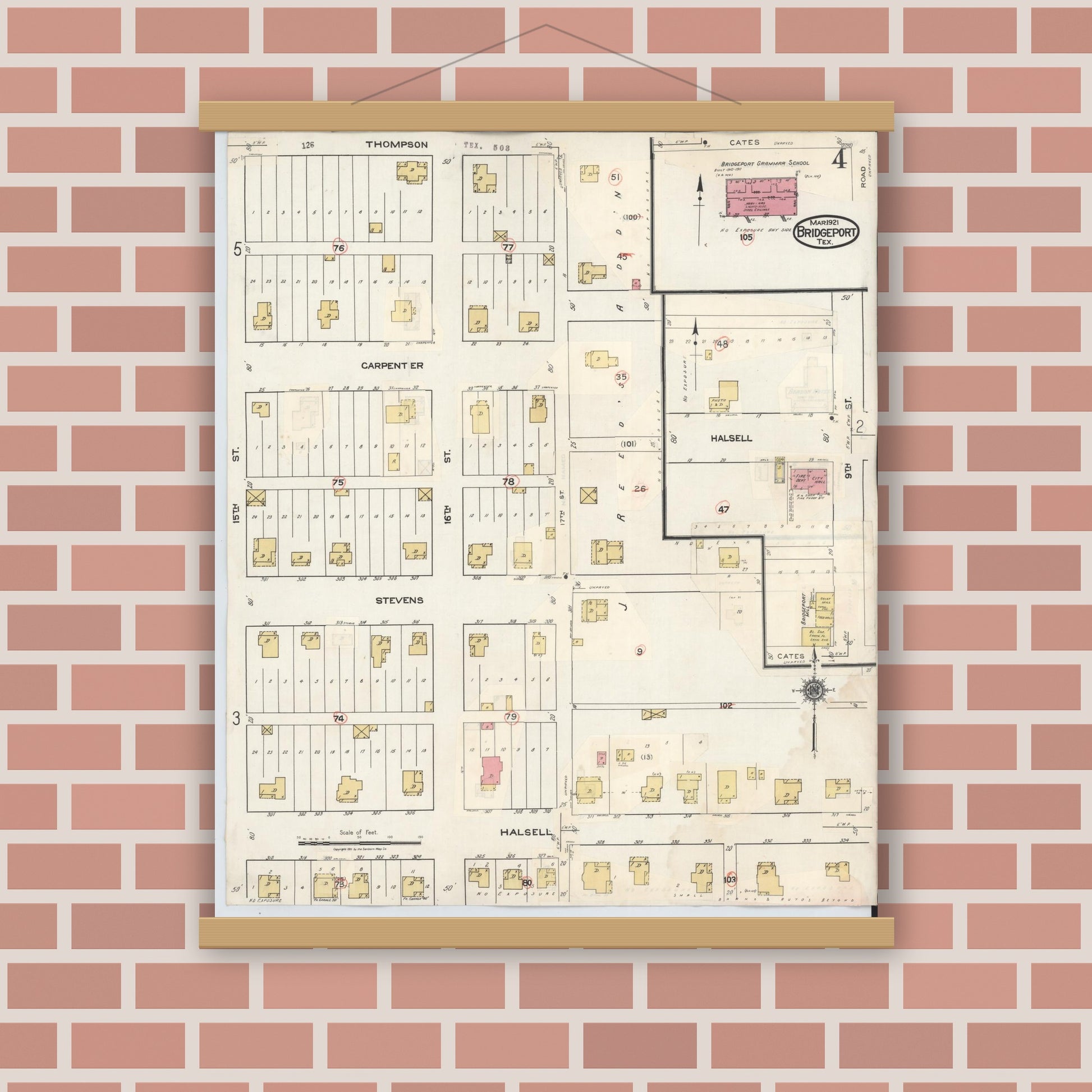 Old map wall art mockup — magnetic wood frame on brick wall — Sanborn Fire Insurance Map from Bridgeport, Wise County, Texas (1944), Sheet #0004