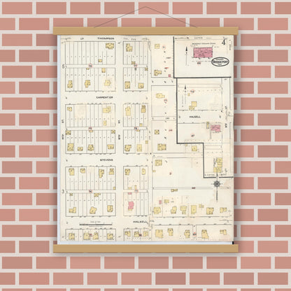 Old map wall art mockup — magnetic wood frame on brick wall — Sanborn Fire Insurance Map from Bridgeport, Wise County, Texas (1944), Sheet #0004