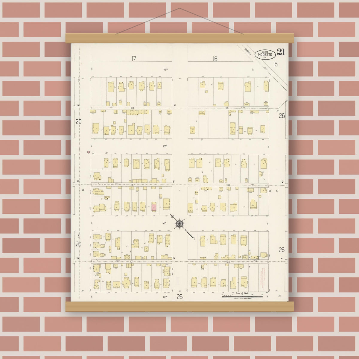 Old map wall art mockup — magnetic wood frame on brick wall — Sanborn Fire Insurance Map from Modesto, Stanislaus County, California (1919), Sheet #0021