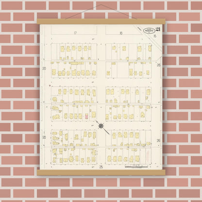 Old map wall art mockup — magnetic wood frame on brick wall — Sanborn Fire Insurance Map from Modesto, Stanislaus County, California (1919), Sheet #0021