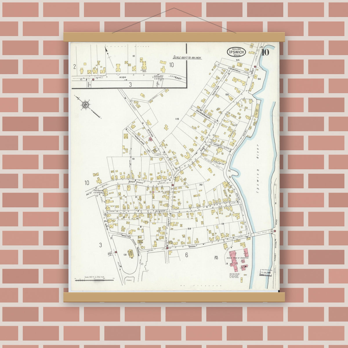 Old map wall art mockup — magnetic wood frame on brick wall — Sanborn Fire Insurance Map from Ipswich, Essex County, Massachusetts (1916), Sheet #0010