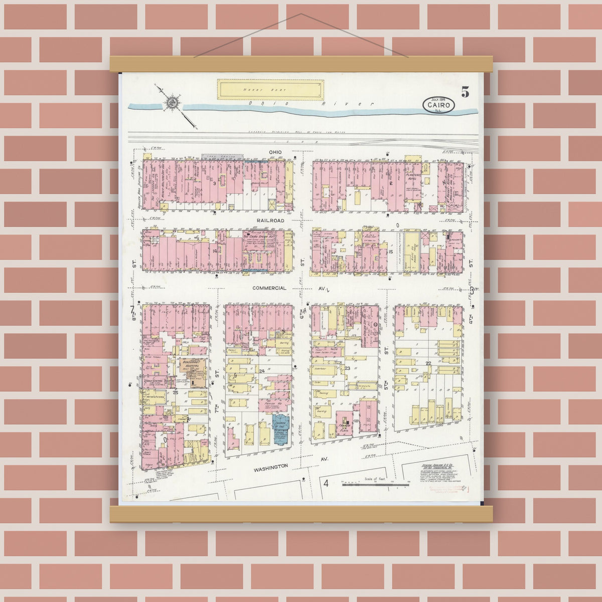 Old map wall art mockup — magnetic wood frame on brick wall — Sanborn Fire Insurance Map from Cairo, Alexander County, Illinois (1914), Sheet #0005