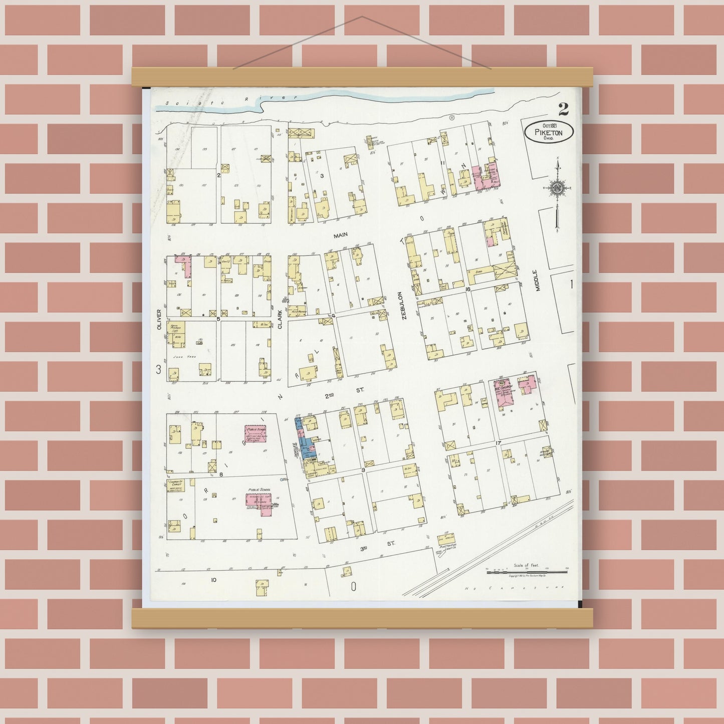 Old map wall art mockup — magnetic wood frame on brick wall — Sanborn Fire Insurance Map from Piketon, Pike County, Ohio (1921), Sheet #0002